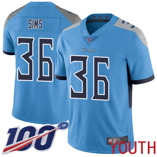Tennessee Titans Limited Light Blue Youth LeShaun Sims Alternate Jersey NFL Football #36 100th Season Vapor Untouchable->youth nfl jersey->Youth Jersey